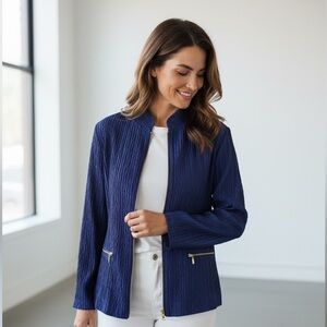 CHICOS ladies NWT COBALT blue crinkle Shine jacket, gold color zip size 8